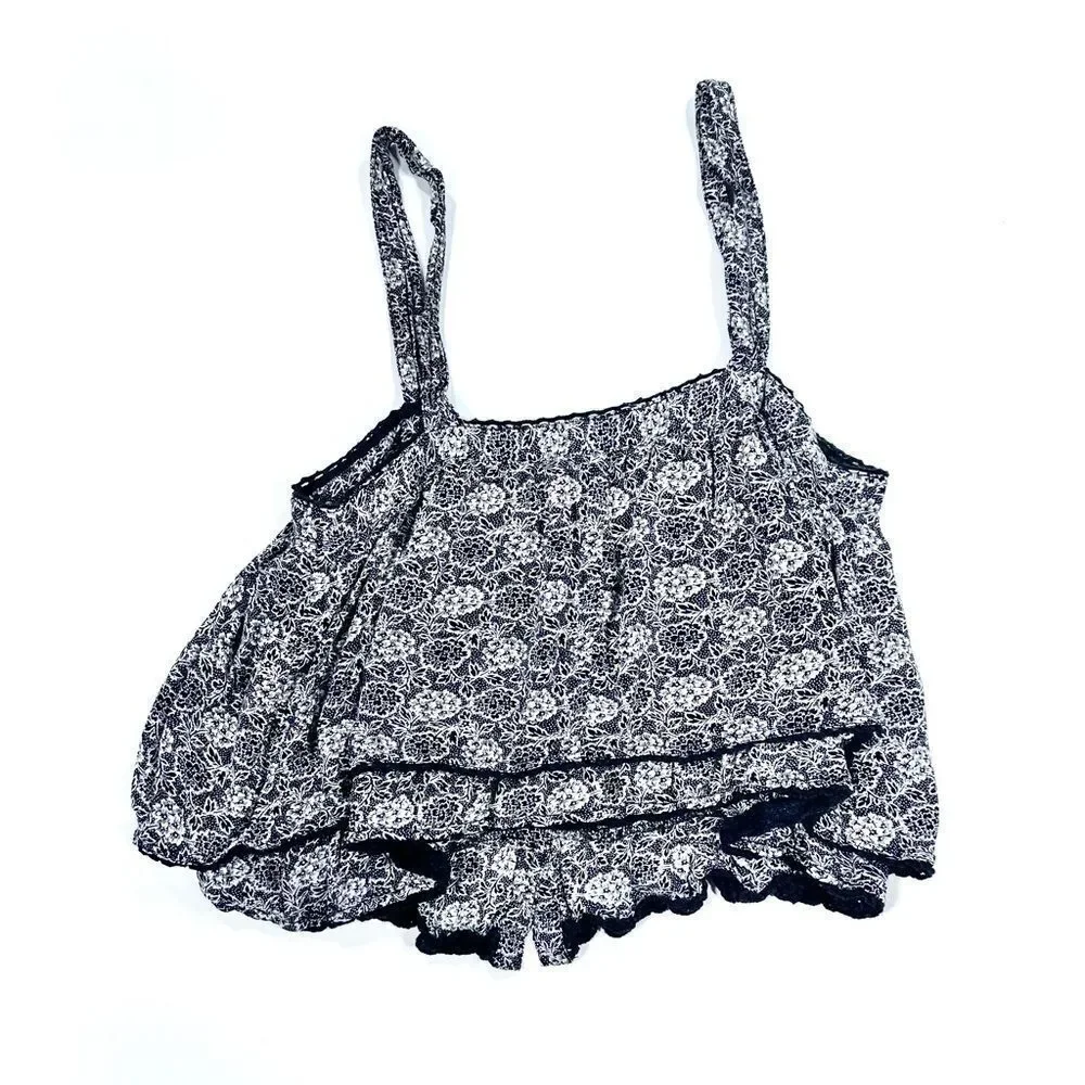 Free people black and white floral bottom front tiered tank top S